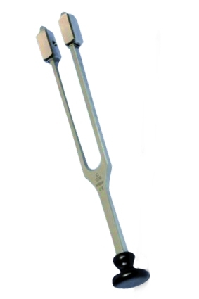 Stimmgabel Lucae C 128 bis h mit Fuß und Dämpfer