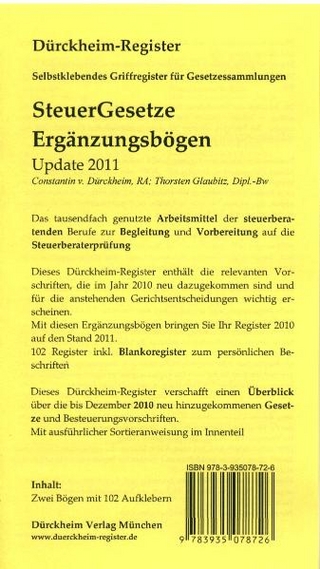 Steuergesetze (Ergänzungsbögen 2011) 102 bedruckte Griffregister für die SteuerGesetze