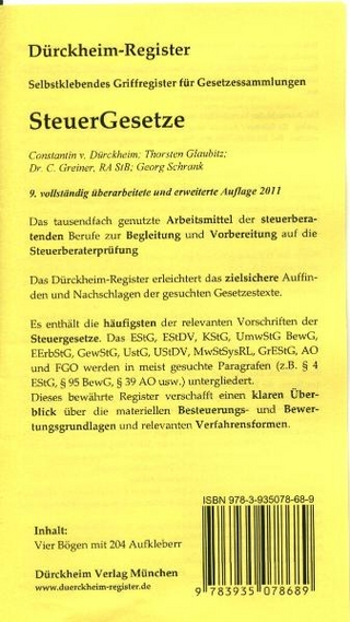Steuergesetze (2011): 204 bedruckte Griffregister für Steuergesetze