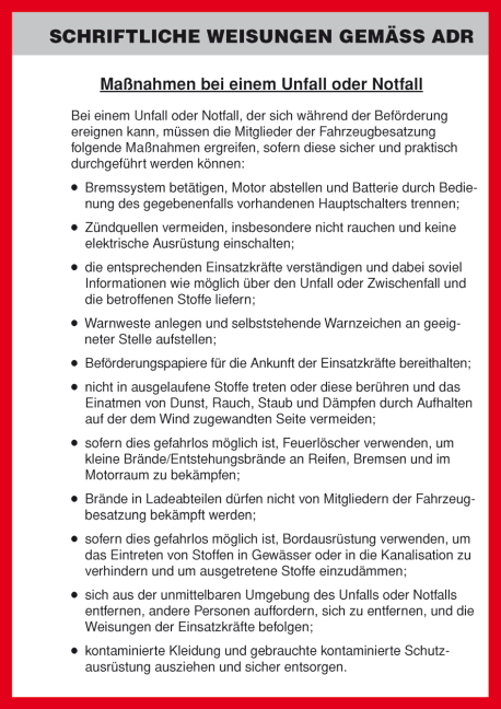 Schriftliche Weisungen gem&auml;&szlig; ADR, deutsch