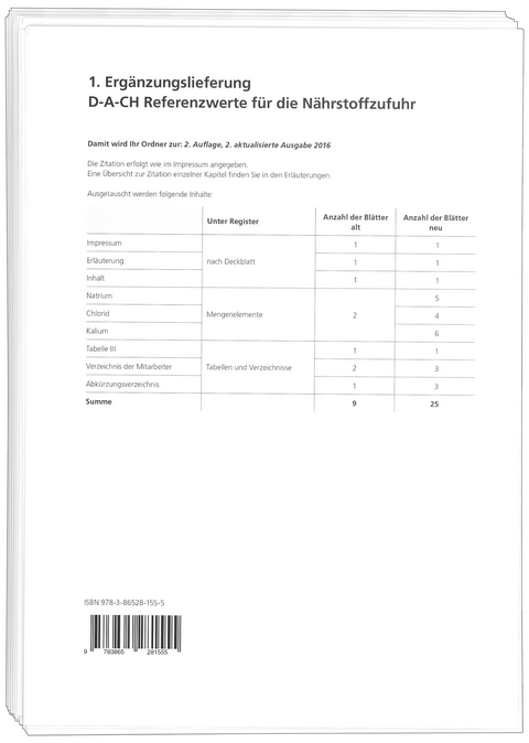 1. Erg&auml;nzungslieferung zur Loseblattsammlung "D-A-CH Referenzwerte f&uuml;r die N&auml;hrstoffzufuhr, 2. Auflage, 1. Ausgabe (2015)": Referenzwerte f&uuml;r Natrium, Chlorid, Kalium (11/2016)