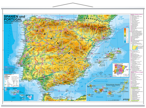 Spanien und Portugal physisch mit UNESCO Welterbest&auml;tten und Nationalparks - Heinrich Stiefel