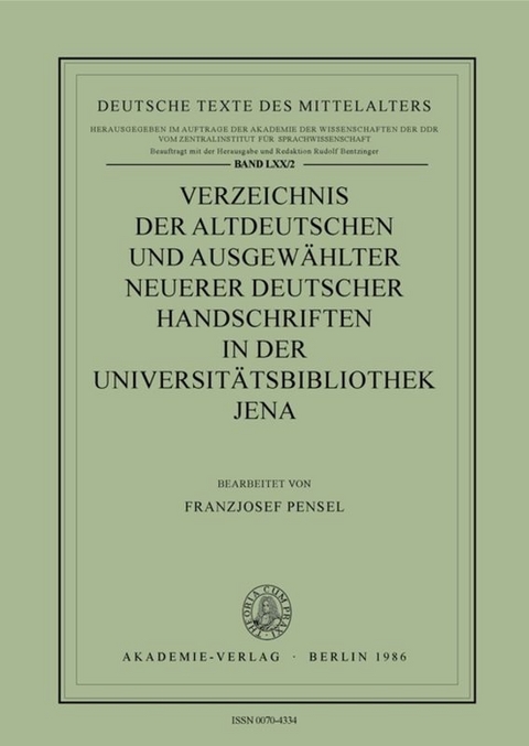 Verzeichnis altdeutscher Handschriften / Universit&auml;tsbibliothek Jena - 
