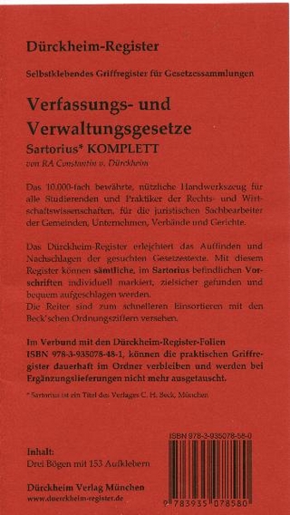 Sartorius KOMPLETT: 153 mit sämtlichen Gesetzesabkürzungen (BauGB, VwGO, VwZG) bedruckte Griffregister für die Sammlung: Sartorius, Verfassungs- und Verwaltungsgesetze