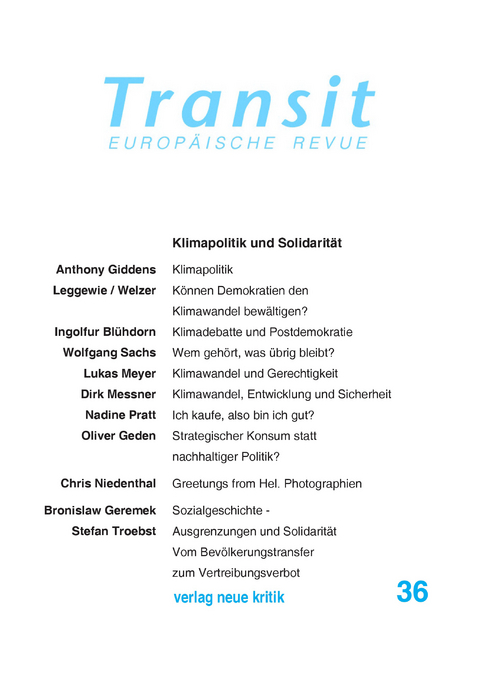 Transit 36. Europ&auml;ische Revue - Anthony Giddens, Lukas Meyer, Stefan Troebst