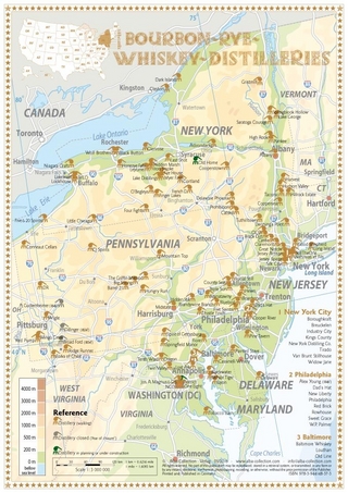 Whiskey Distilleries New York, Pennsylvania, New Jersey, Delaware, Maryland and District of Columbia - Tasting Map 24x34cm