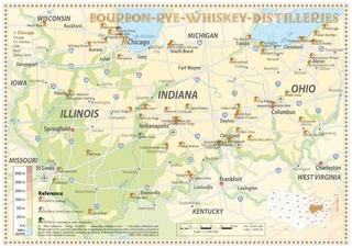 Whiskey Distilleries Ohio, Indiana and Illinois - Tasting Map 34x24cm