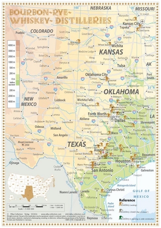 Whiskey Distilleries Texas, Oklahoma and Kansas - Tasting Map 24x34cm