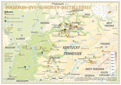 Whiskey Distilleries Kentucky and Tennessee - Tasting Map 34x24cm - R&uuml;diger J&ouml;rg Hirst