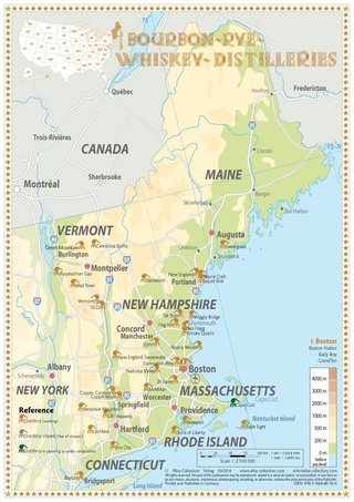 Whiskey Distilleries Maine, Vermont, New Hampshire, Massachusetts, Rhode Island and Connecticut - Tasting Map 24x34cm