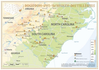 Whiskey Distilleries North Carolina and South Carolina - Tasting Map 34x24cm