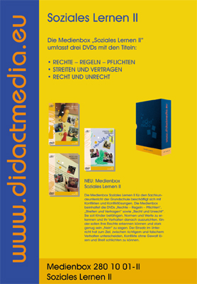Medienbox "Soziales Lernen II"Recht und Unrecht", Streiten und Vertragen" sowie "Rechte Regeln Pflichten". Sie soll Kinder bef&auml;higen, Normen und Werte zu erkennen und ihr Verhalten danach auszurichten. Kinder sollen ihre Rechte erkennen k&ouml;nnen und stark genug sein "Nein" - J&uuml;rgen Weber