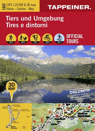 3D-Wanderkarte Tiers und Umgebung. Cartina escursionistica 3D Tires e dintorni