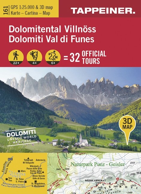 3D-Wanderkarte Villn&ouml;&szlig; und Umgebung. Cartina escursionistica 3D Val di Funes e dintorni