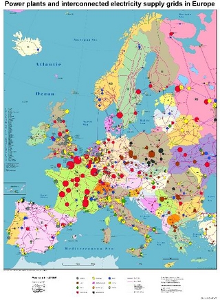 Power plants and interconnected electricity supply grids in Europe.
