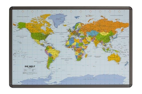 Politische Weltkarte auf Kork-Pinnwand mit Alu-Berahmung, 90x60cm
