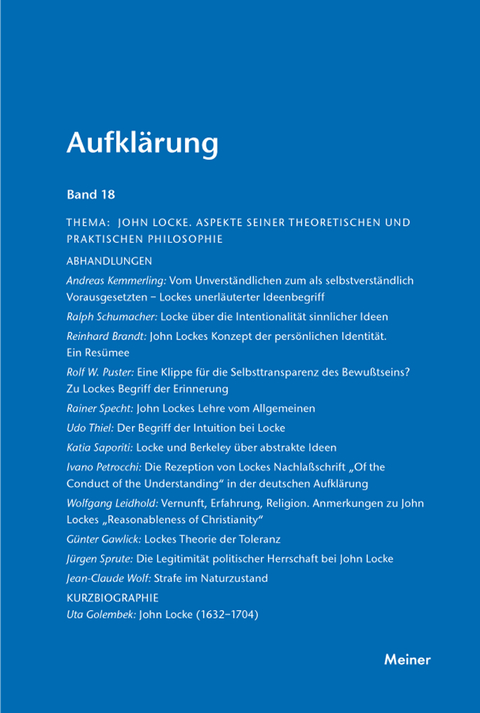 Aufklärung, Band 18: John Locke. Aspekte seiner theoretischen und praktischen Philosophie - 