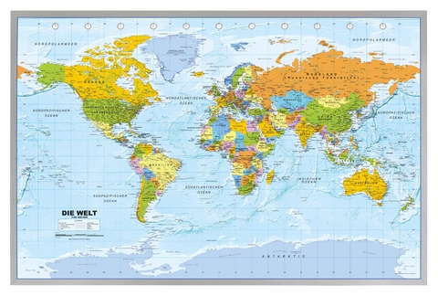 Politische Weltkarte auf Kork-Pinnwand, deutsch