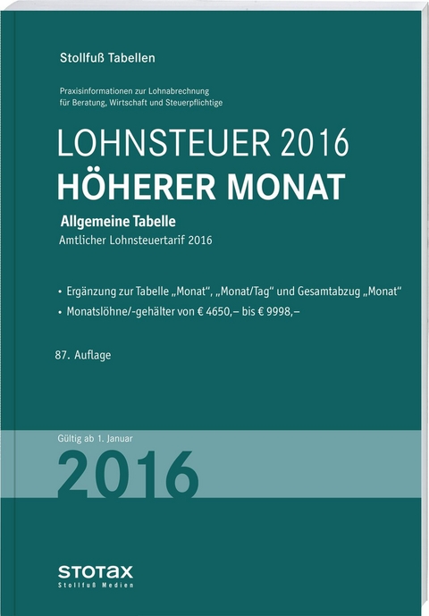 Tabelle, Lohnsteuer 2016 H&ouml;herer Monat