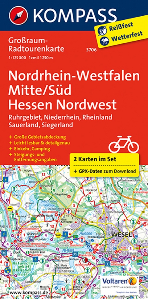 KOMPASS Gro&szlig;raum-Radtourenkarte 3706 Nordrhein-Westfalen Mitte/S&uuml;d, Hessen Nordwest, 1:125.000