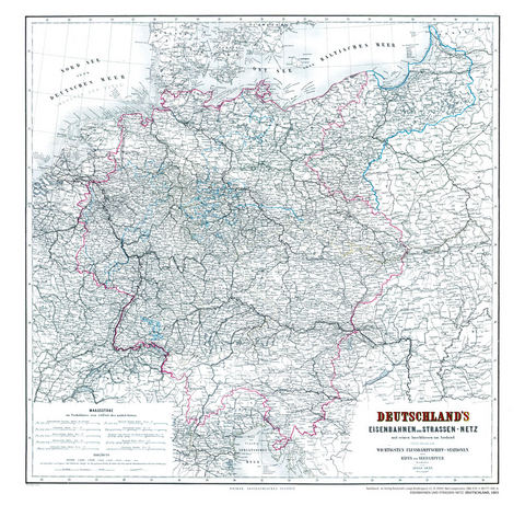 Hist. Karte: DEUTSCHLAND 1865 - Eisenbahnkarte mit Stra&szlig;ennetz (Plano)