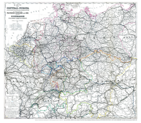 Historische Übersichtskarte: Eisenbahnstrecken 1867 - MITTELEUROPA mit DEUTSCHLAND (75 x 65 cm - gerollt)