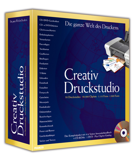 Creativ Druckstudio, 4 CD-ROMs, 1 DVD-ROM, Anwenderhandbuch u. ClipArt-Katalog