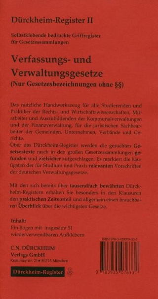 Dürckheim-Register für Verfassungs- und Verwaltungsgesetze Sartorius (C.H.Beck, München), nur Gesetzesbezeichnungen ohne §§. Selbstklebende und bedruckte Griffregister.