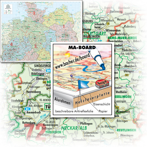 BACHER Organisations-Karte Norddeutschland Ma&szlig;stab 1:500 000, MA-BOARD Landkartentafel, aufgezogen, folienbeschichtet, magnetisch mit Aluleiste gerahmt