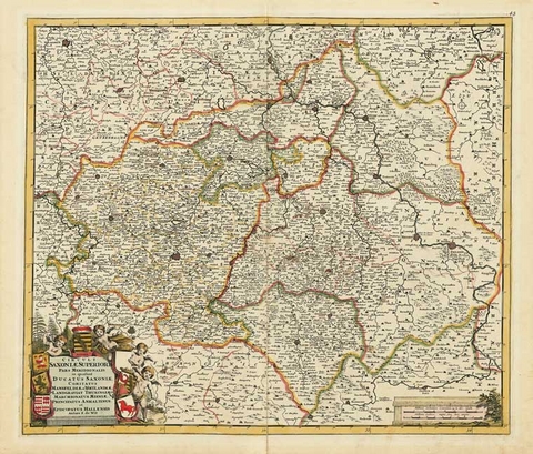 Historische Karte: Th&uuml;ringen, Sachsen und das F&uuml;rstentum Anhalt mit der Markgrafschaft Mei&szlig;en, Bistum Halle, Grafschaft Mansfeld, dem Vogtland und dem Eichsfeld. 1680 (Plano) - Frederic de Wit