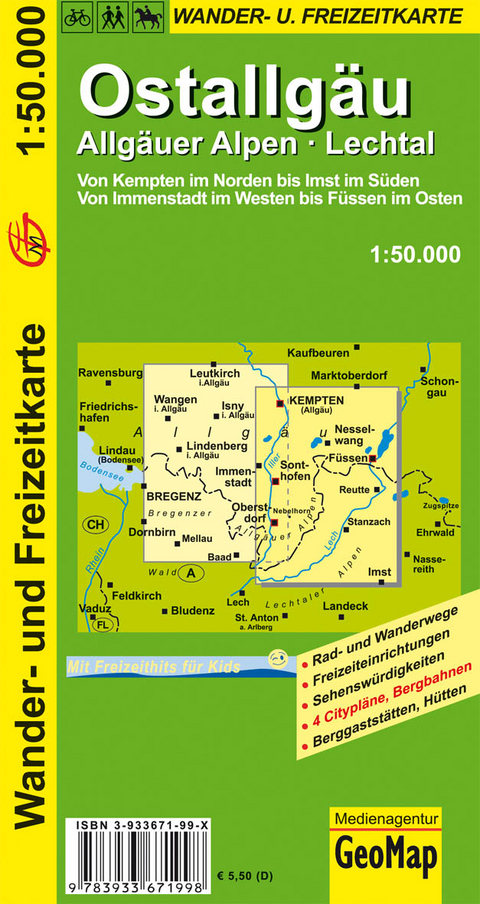 Ostallg&auml;u, Allg&auml;uer Alpen, Lechtal Wander- und Freizeitkarte