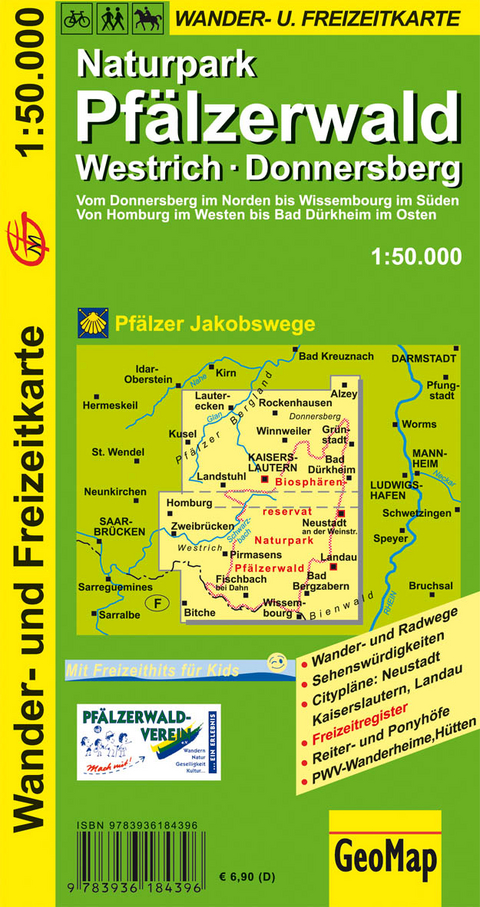 Naturpark Pf&auml;lzerwald, Westrich, Donnersberg Wander- und Freizeitkarte