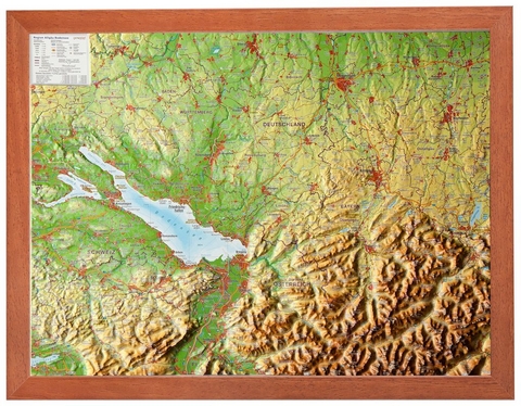 Region Allg&auml;u Bodensee, Reliefkarte, Klein, mit Holzrahmen