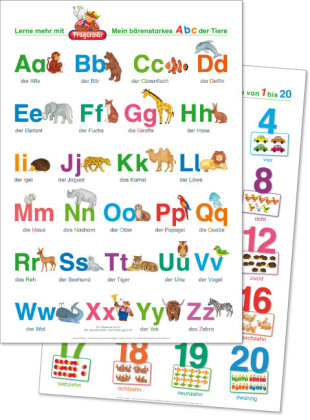 2 Fragenbär-Lernposter: Mein bärenstarkes ABC der Tiere + Zahlen und Mengen von 1 bis 20, L 70 x 100 cm