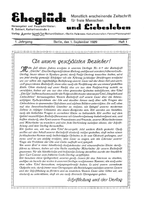 Eheglück und Liebesleben. Bielefeld, Berlin 1. 1929, 1 (Sept.) - 4. 1932, 8 /Eheglück. Bielefeld, Berlin 4. 1932, 9 - 5. 1933, 10