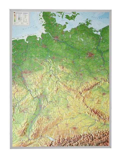 Deutschland, Reliefkarte, Gro&szlig;, mit Aluminiumrahmen