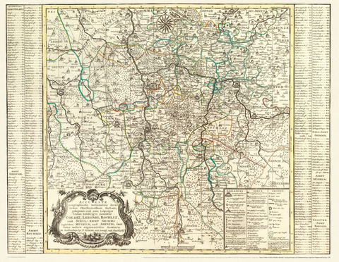 Historische Karte: Ämter Colditz, Leisnig, Rochlitz , Schulamt Grimma mit Mügeln und Sornzig 1749 (Plano) - Peter (der Jüngere) Schenk