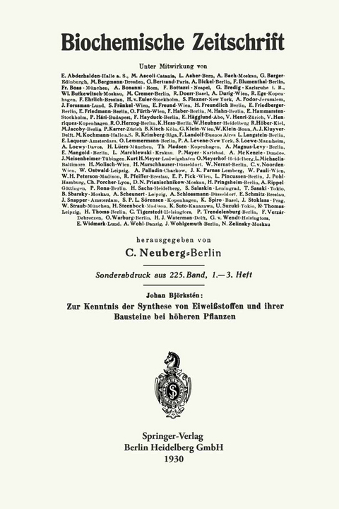 Zur Kenntnis der Synthese von Eiwei&szlig;stoffen und ihrer Bausteine bei h&ouml;heren Pflanzen - Johan Bj&ouml;rkst&eacute;n