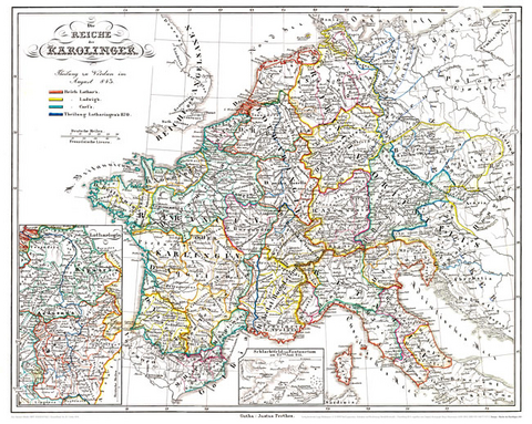 Historische Karte: EUROPA - Die REICHE der KAROLINGER um 850 (Plano) - Karl von Spruner