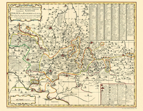 Historische Karte: &Auml;mter Stolpen, Radeberg und Lausitz, 1754 (Plano) - Peter (der J&uuml;ngere) Schenk