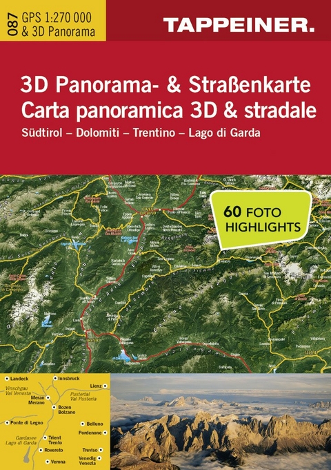 3D Panorama- und Strassenkarte Südtirol / Dolomiten / Gardasee - 