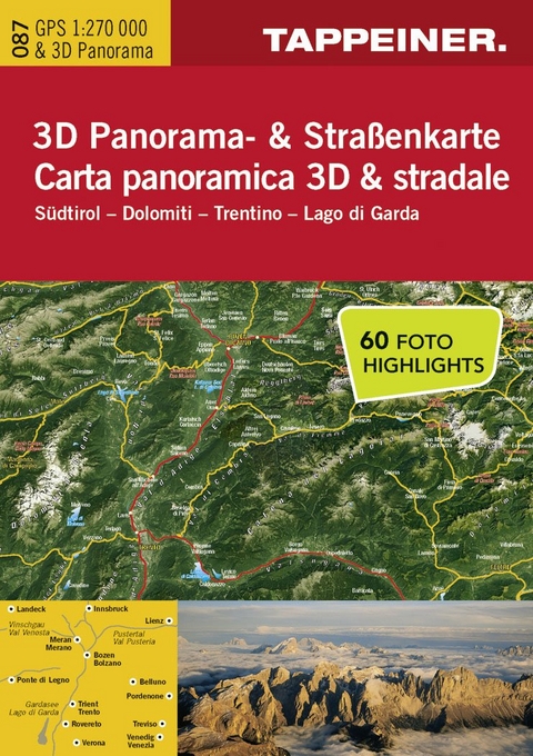 3D Panorama- und Strassenkarte S&uuml;dtirol / Dolomiten / Gardasee - 