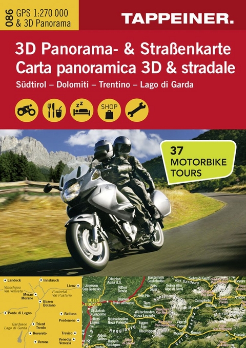 3D Panorama- und Motorradkarte S&uuml;dtirol / Dolomiten / Gardasee - 