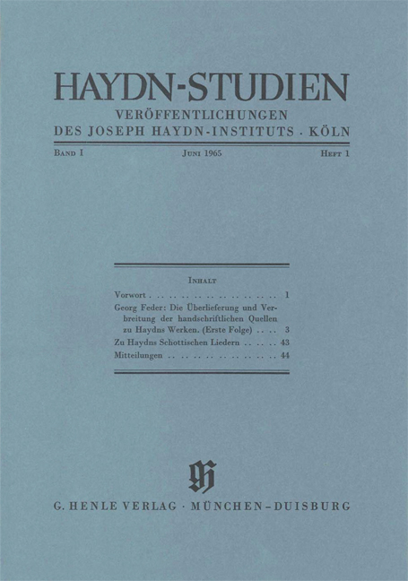 Haydn Studien. Ver&ouml;ffentlichungen des Joseph Haydn-Instituts K&ouml;ln. Band I, Heft 1, Juni 1965 - Georg Feder