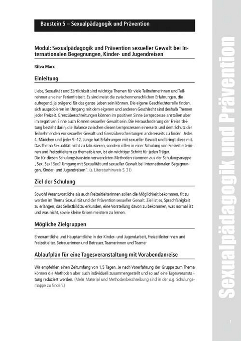 Sexualp&auml;dagogik und Pr&auml;vention bei Internationalen Begegnungen, Kinder- und Jugendreisen