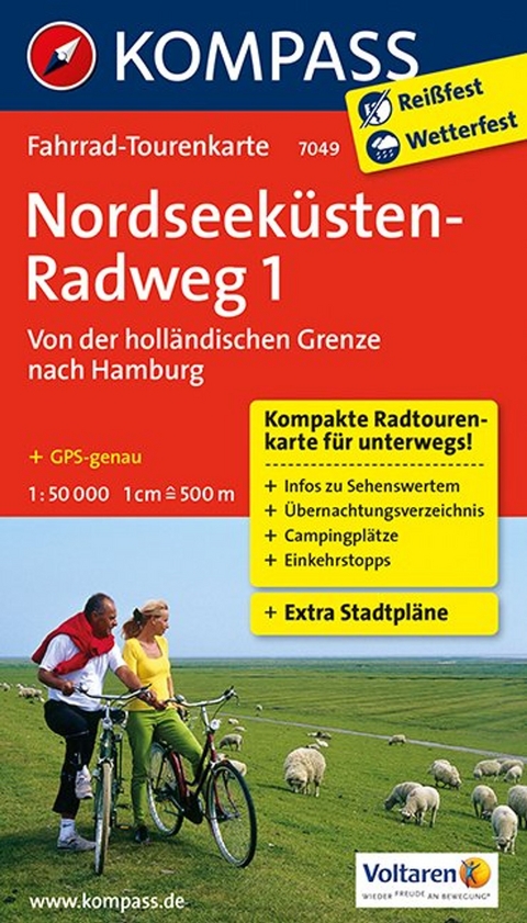 KOMPASS Fahrrad-Tourenkarte Nordseek&uuml;stenradweg 1, von der holl&auml;ndischen Grenze nach Hamburg, 1:50.000
