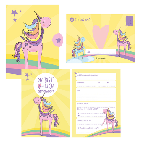 12 Einladungskarten Geburtstag Einhorn (Mädchen). Handgemachte Einladungskarten Kindergeburtstag inkl. 12 liebevollen Hand designten Briefumschlägen. - Lisa Wirth