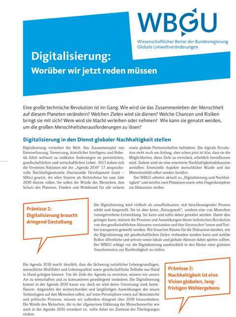 Digitalisierung - WBGU Wissenschaftlicher Beirat der Bundesregierung Globale Umweltver&auml;nderungen