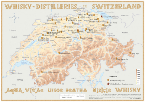 Whisky Distilleries Switzerland - Tasting Map 34x24cm - R&uuml;diger J&ouml;rg Hirst