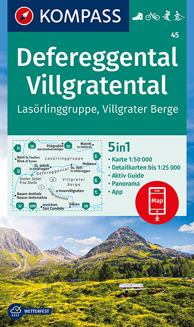 KOMPASS Wanderkarte Defereggental, Villgratental, Las&ouml;rlinggruppe, Villgrater Berge - 